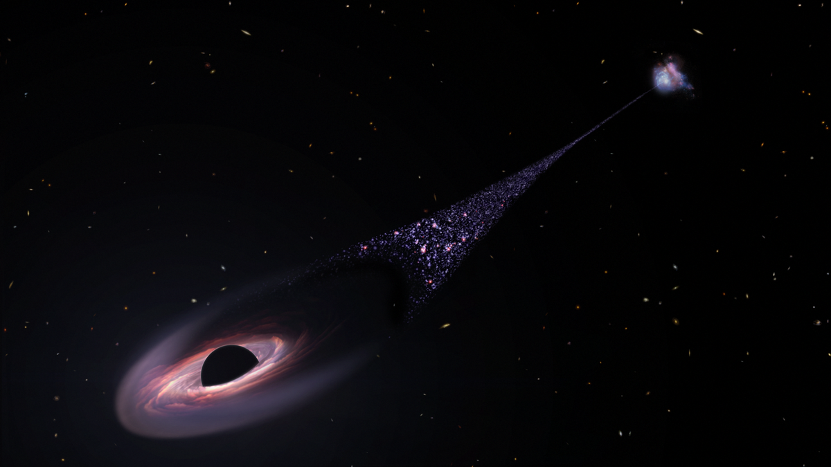 A black hole surrounded by a thin accretion disk and trailing a stream of stars soars through deep space