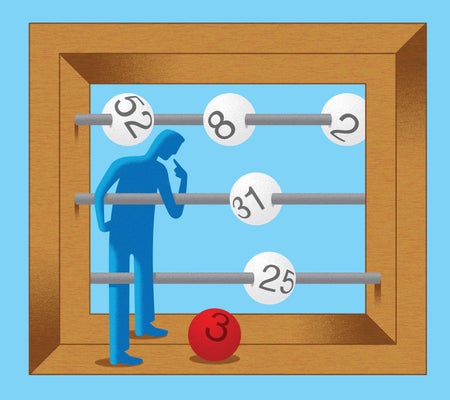 Human figure in a box with bars and number balls on the bars