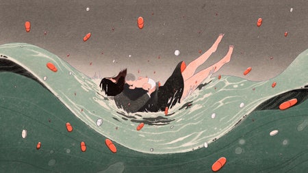 An illustration of a woman holding a child to her chest in a raging sea that also has pills in the waves