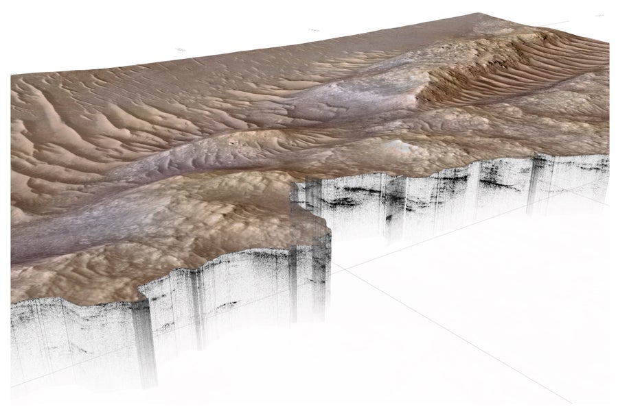 صورة طبوغرافية لفوهة جيزيرو، مع وجود نقاط سوداء تحتها تتتبع هياكل النهر والدلتا القديمة المدفونة