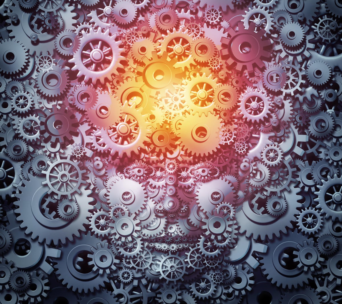 Human resource intelligence business concept as a mind and face machine made of gears and cogs