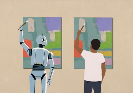 Humanoid robot painting same artwork as man conceptual illustration