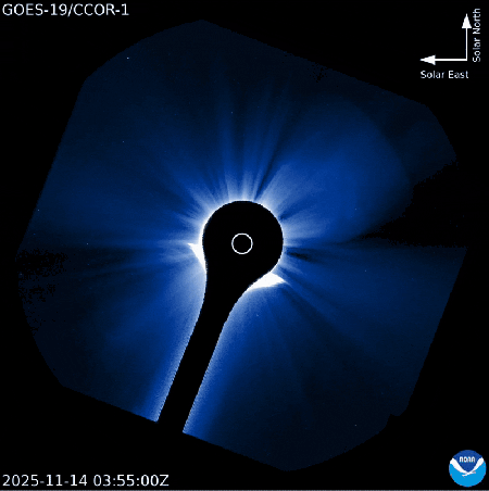 A visualization of a coronal mass ejection from the sun rendered in a blue tint with in a satellite loop.