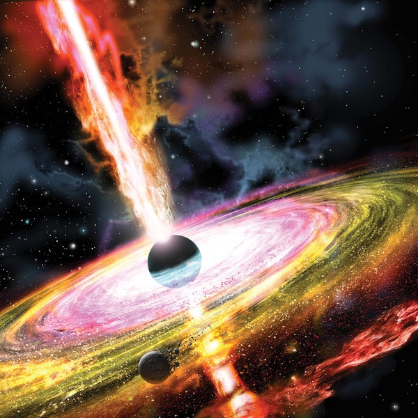 An illustration of a magnetic field generated by a supermassive black hole in the early universe, showing turbulent plasma outflows that turn gas clouds into stars.