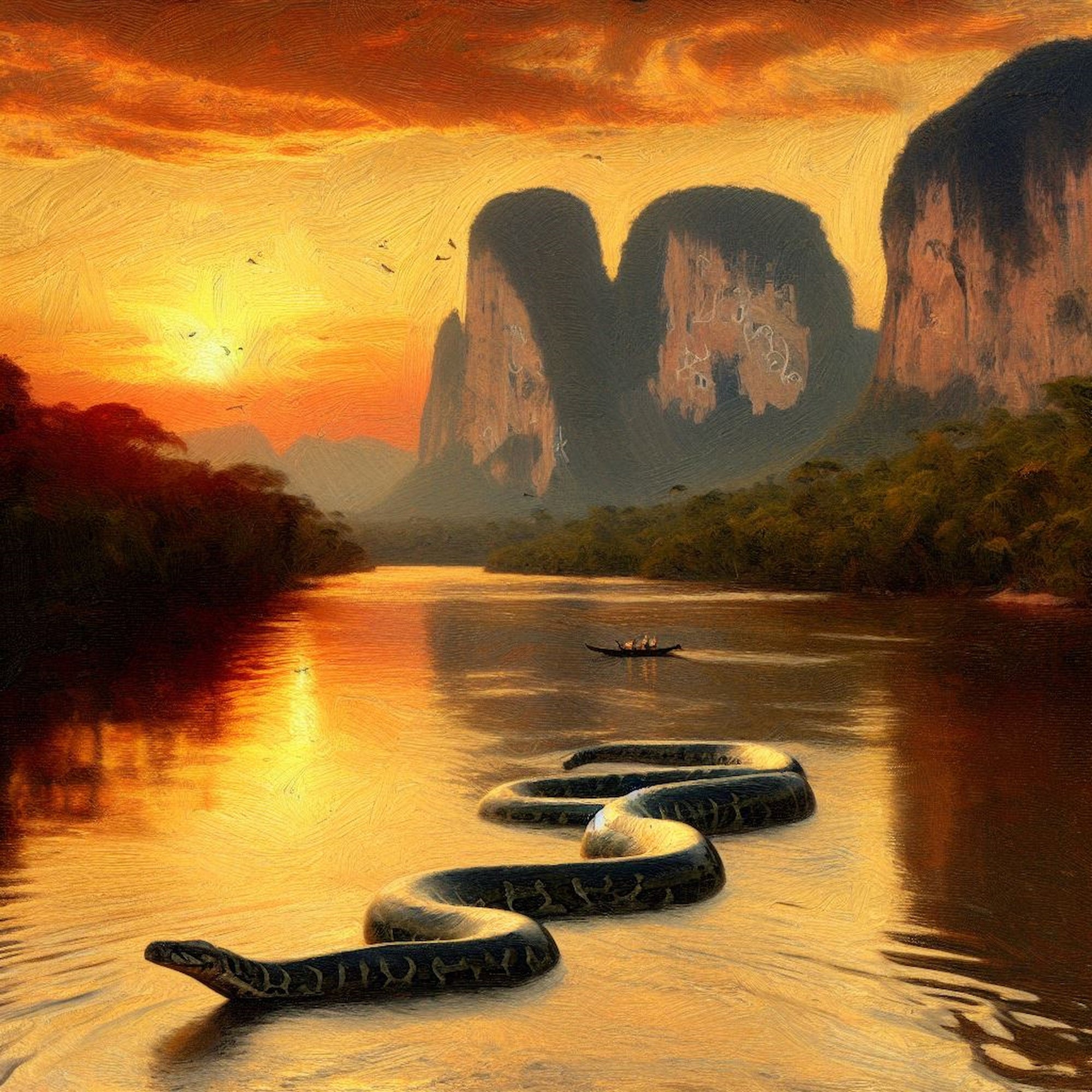 Artistic impressions of a gigantic mythical snake traversing the Orinoco River during sunset with rock carvings visible on the cliffsides of rock formations in the distance