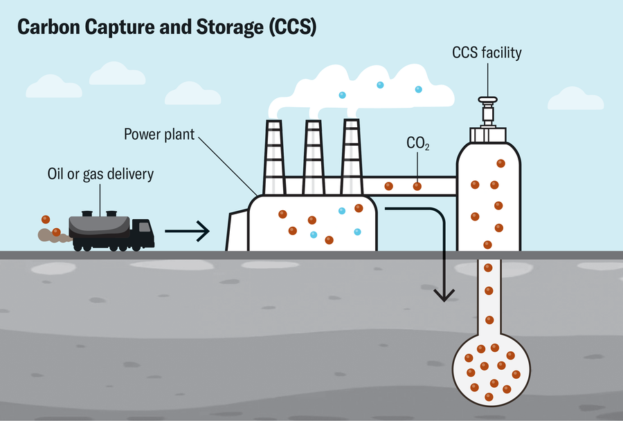 Graphic shows the basic process of carbon capture and storage (CCS) with arrows showing carbon dioxide going from an oil or gas delivery truck to a power plant to underground storage at a CCS facility.