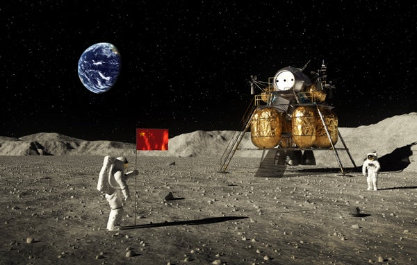 Two space-suit-wearing astronauts—one who is standing next to a Chinese flag and another who is standing next to a lunar lander spacecraft—on the surface of the moon. Earth appears in the distant background.