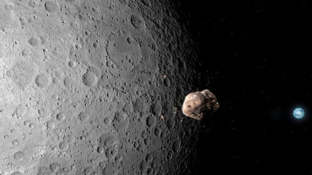 Illustration of an asteroid the passing the Moon as it approaches Earth
