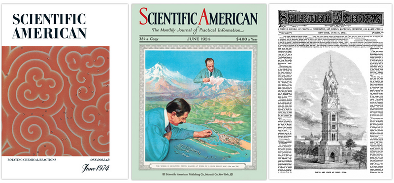 Covers of three issues of Scientific American from 1974, 1924 and 1874