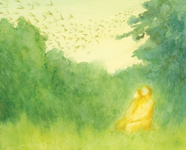 Illustration of two people shaded in yellow sitting in a green forest with birds flying in the sky