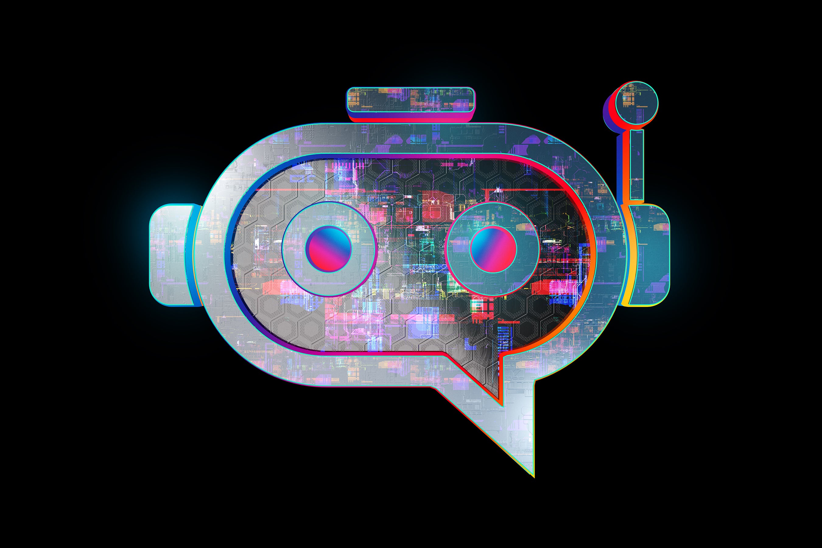Futuristic chatbot icon in action with antenna.