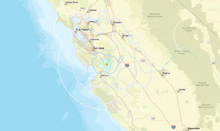 A map of California with a star marking the epicenter of an earthquake south of San Francisco Bay.