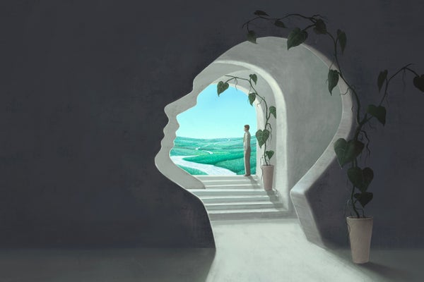 A man stands in a passageway resembling the shape of a human head, looking outwards towards a landscape with rolling hills, a path, and blue sky.