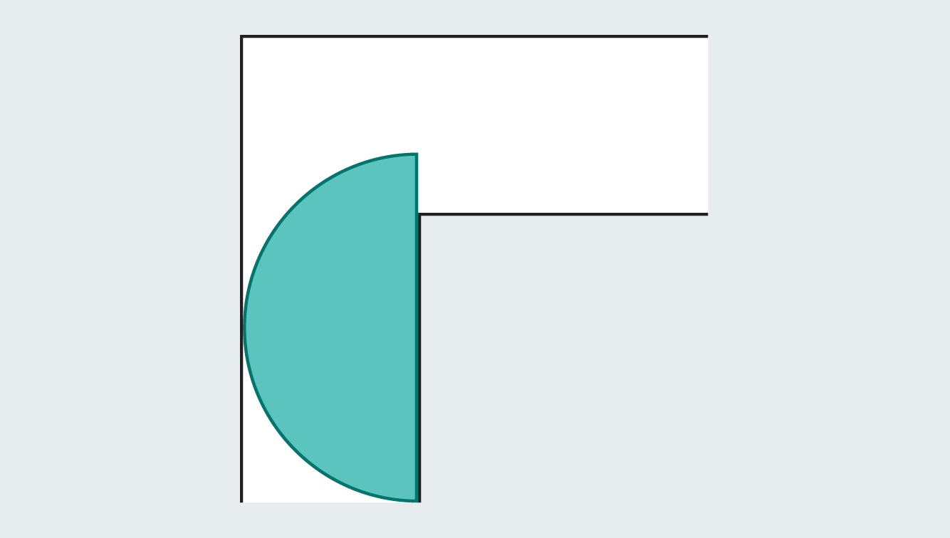 Animated graphic shows how a semicircle with a radius matching the width of the hallway can get around the 90-degree corner by sliding, rotating and sliding again.