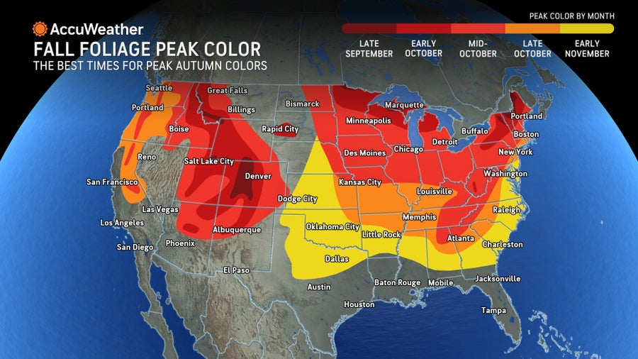 Accuweather peak fall foliage by month map for 2025