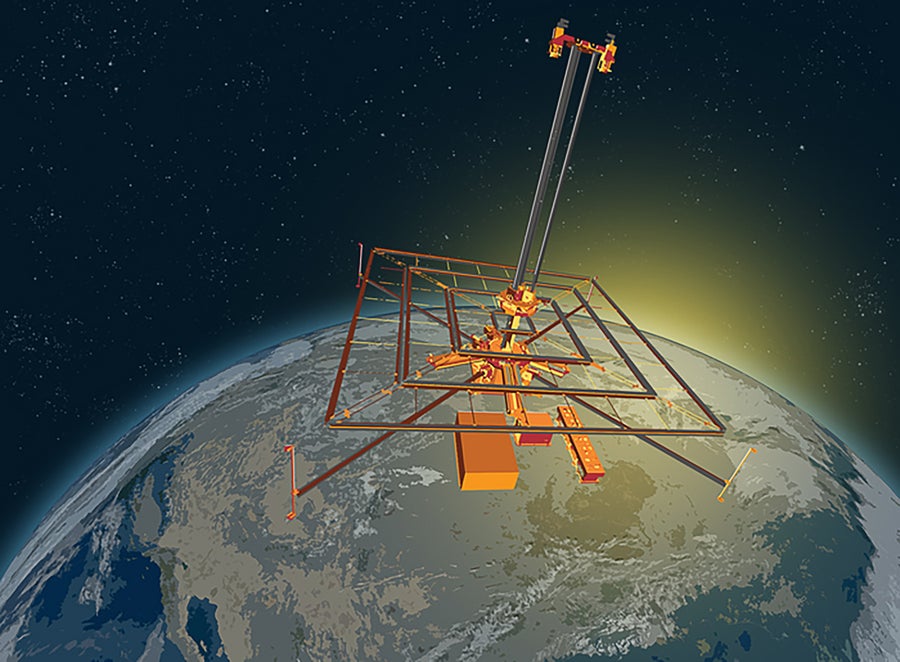 Illustration of a large solar power spacecraft orbiting Earth