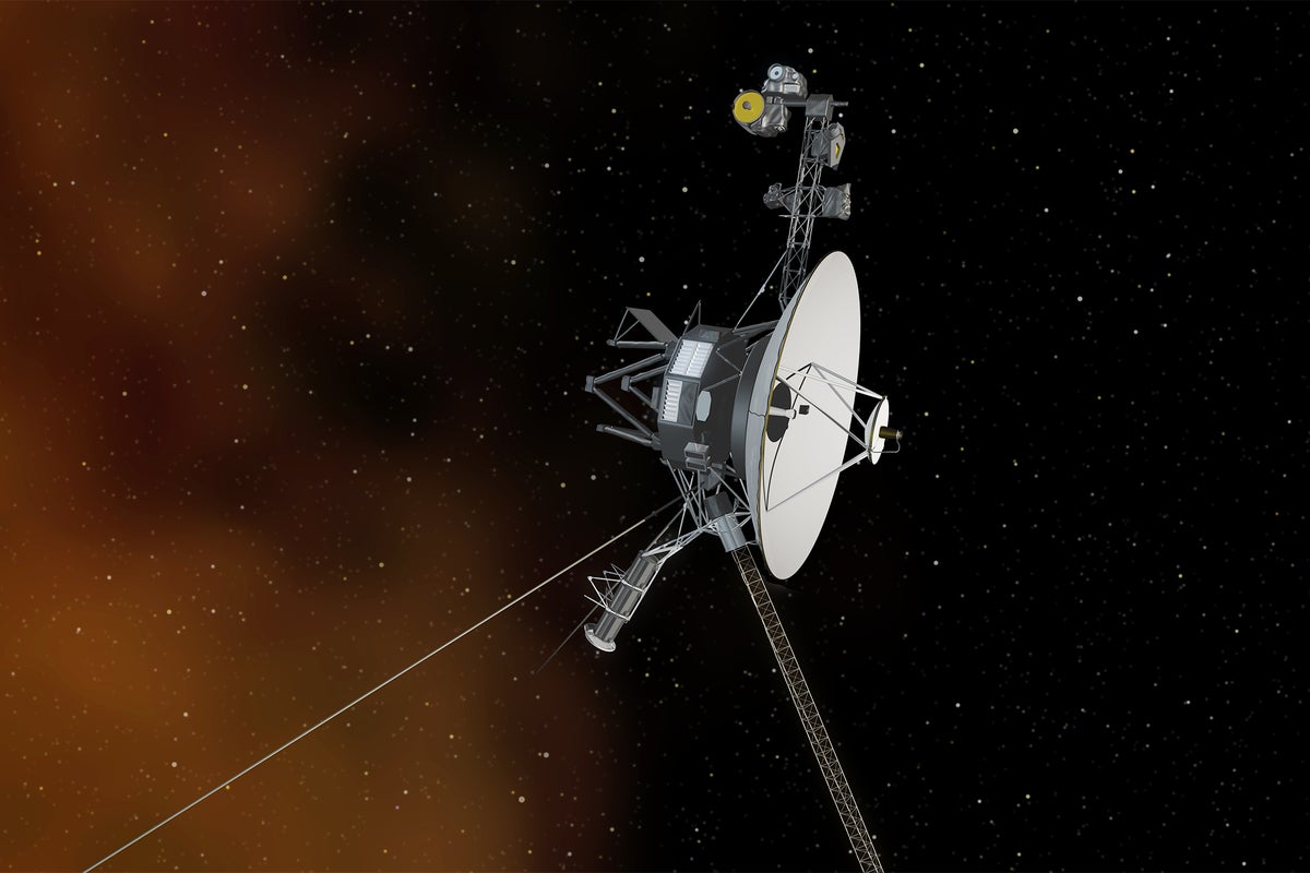 This artist's concept depicts NASA's Voyager 1 spacecraft entering interstellar space, on the right side of the image interstellar plasma is shown with an orange glow
