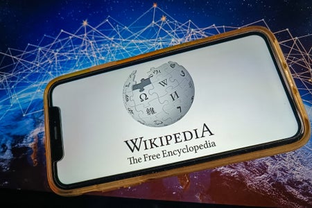 A phone displaying a logo of Wikipedia set against a background alluding to information networks.