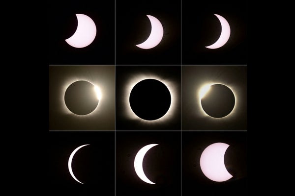 Stages of a full solar eclipse explained in a 3x3 grid of circles.