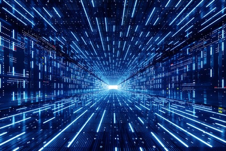 Blue streaks of light zoom out from a central point.