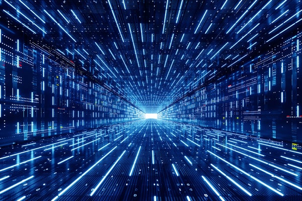 Blue streaks of light zoom out from a central point.