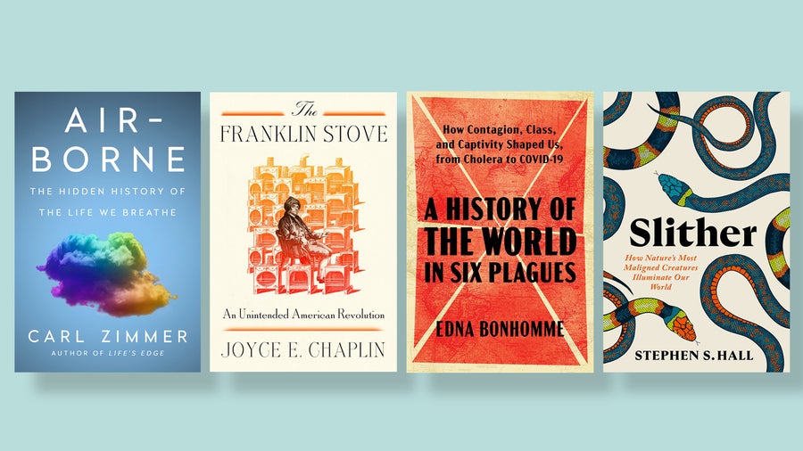 Covers of four books against a blue background