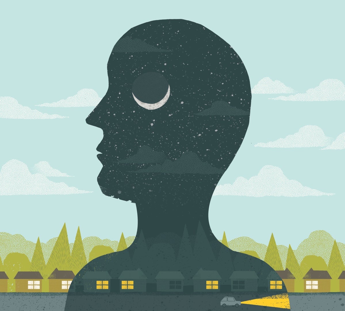 Silhouette of a head against a sky, with a crescent moon within the head