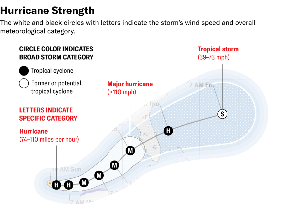 El gráfico muestra el mapa de huracán Milton superpuesto con iconos etiquetados que indican la categoría de tormenta amplia (ciclón tropical, o ciclón tropical anterior o potencial) y categoría específica (tormenta tropical, huracán o huracán mayor).