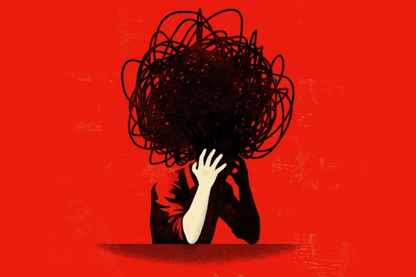 Illustration of a person seated with their head in their hand, appearing overwhelmed or distressed. The individual's head is replaced by a tangled, scribbled mass that engulfs and obscures it