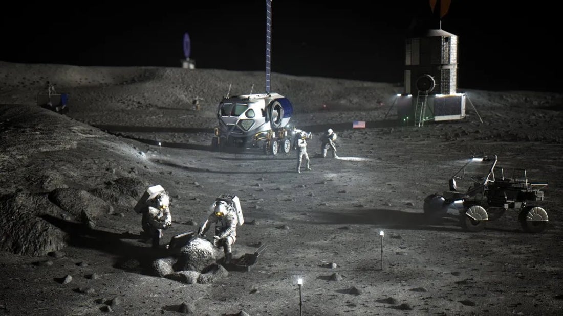 Several space-suit-wearing figures tend various experiments on the barren lunar surface.