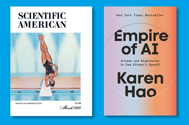 Cover of an issue of Scientific American and cover of the book Empire of AI