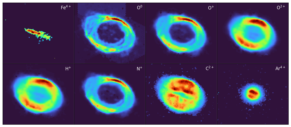 Un conjunto ilustrativo de 8 imágenes individuales de líneas de emisión WEAVE LIFU de la Nebulosa del Anillo.