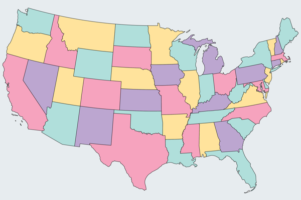 A map of the U.S. with states in yellow, blue, pink and purple. The states that share a border are in different colors.