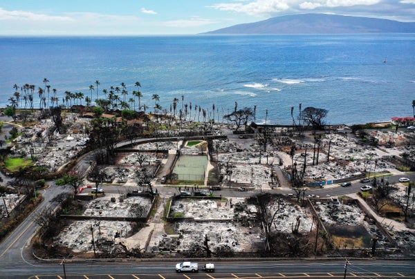 Aerial view of destroyed landscape by fire in Hawaii with ocean and mountains in background.