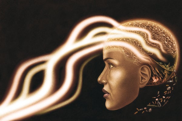 Illustration of the profile of a gold head, with lights and pills within the brain