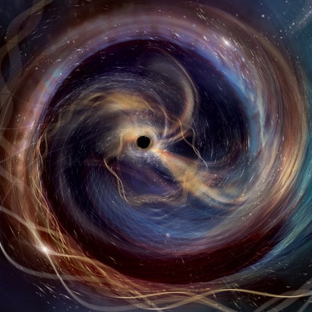 This artwork imagines the ultimate front-row seat for GW250114, a powerful collision between two black holes observed in gravitational waves