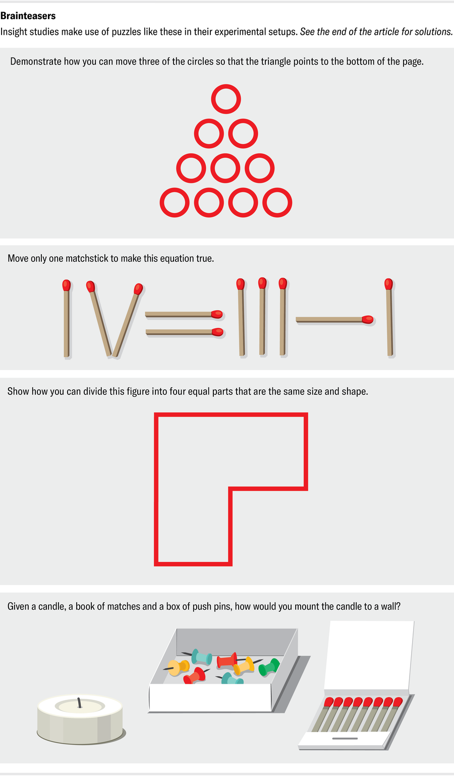 Series of four brain teasers, including a scenario in which the subject is given a candle, a book of matches and a cardbox box of push pins then asked how they would mount the candle to a wall.