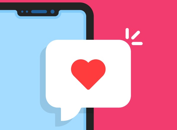 Cartoon illustration of smartphone screen with heart emoji speech bubble