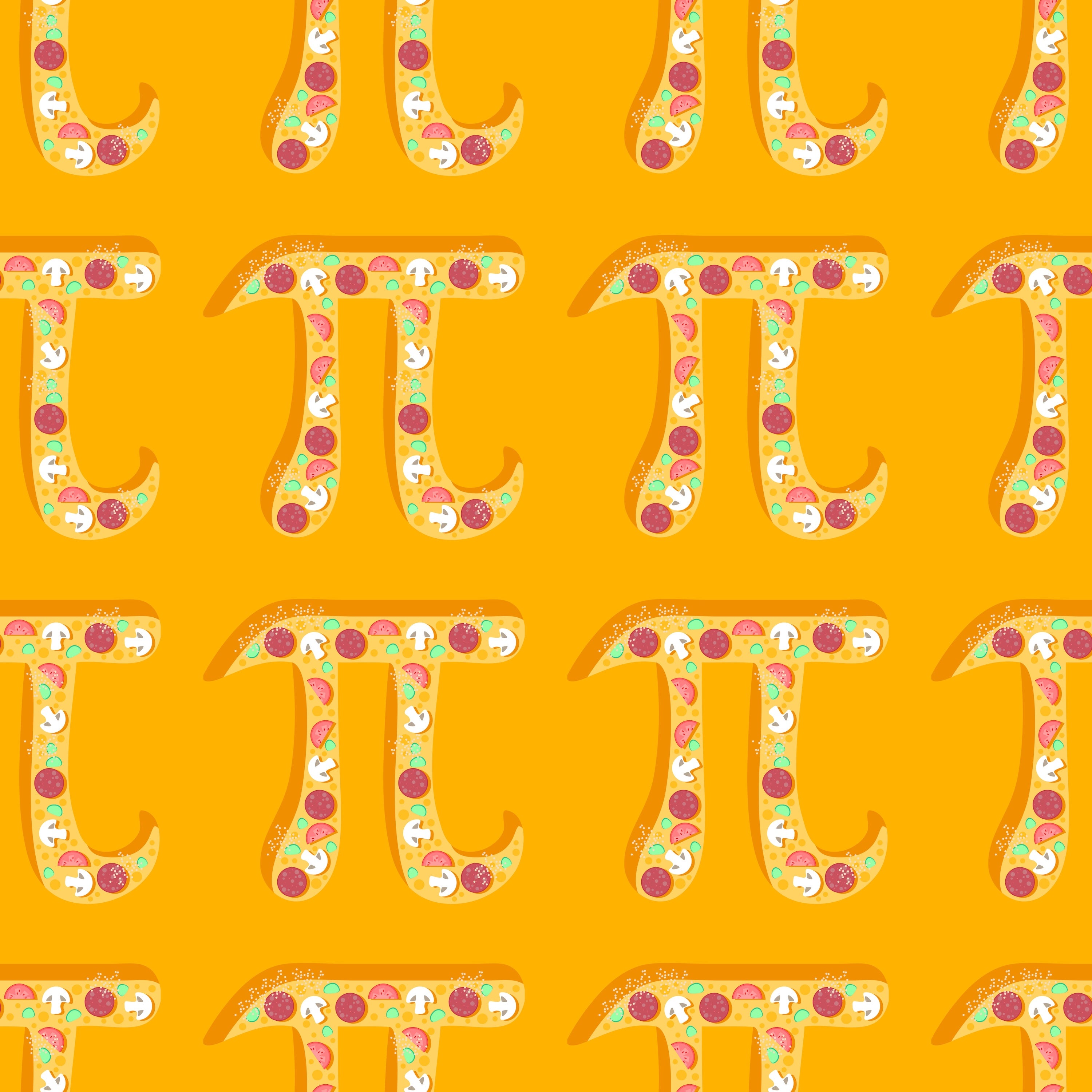 Cartoon renderings of the mathematical symbol pi with pizza toppings on them