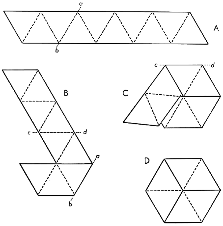 Series of four schematics show how a strip of paper marked with 10 equilateral triangles can be folded into a hexagon.