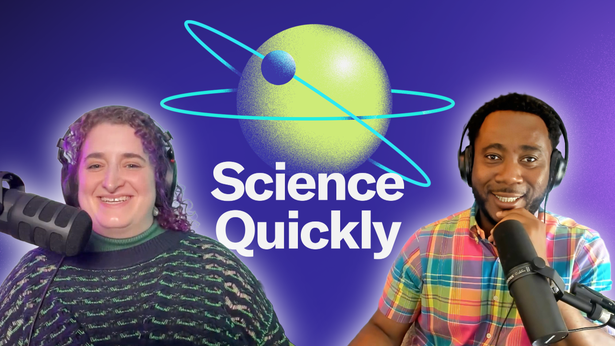 An illustration of a woman and a man with a purple background and a planet logo with the words "Science Quickly" behind them