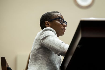 Claudine Gay at desk during congesssional hearing.