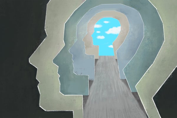 Illustration, surreal, multiple nested passageways in the shape of a human head, in the distance past the last passageway is a blue sky with white clouds