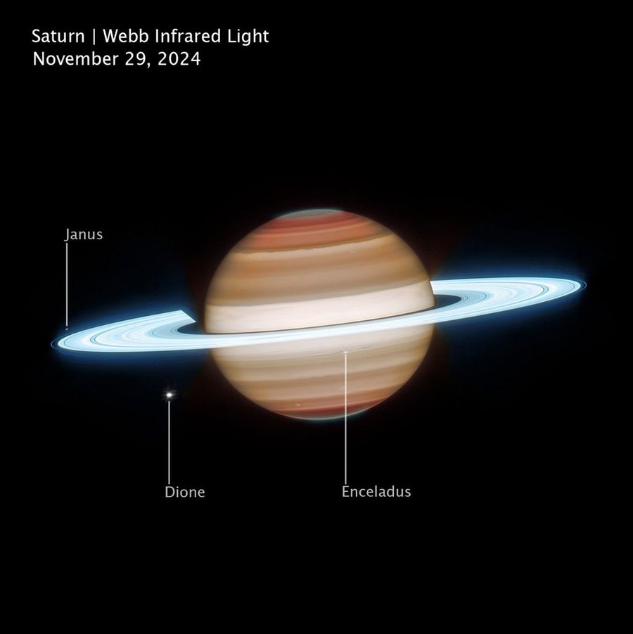 Saturn in a reddish hue. Saturn’s rings appear exceptionally bright.