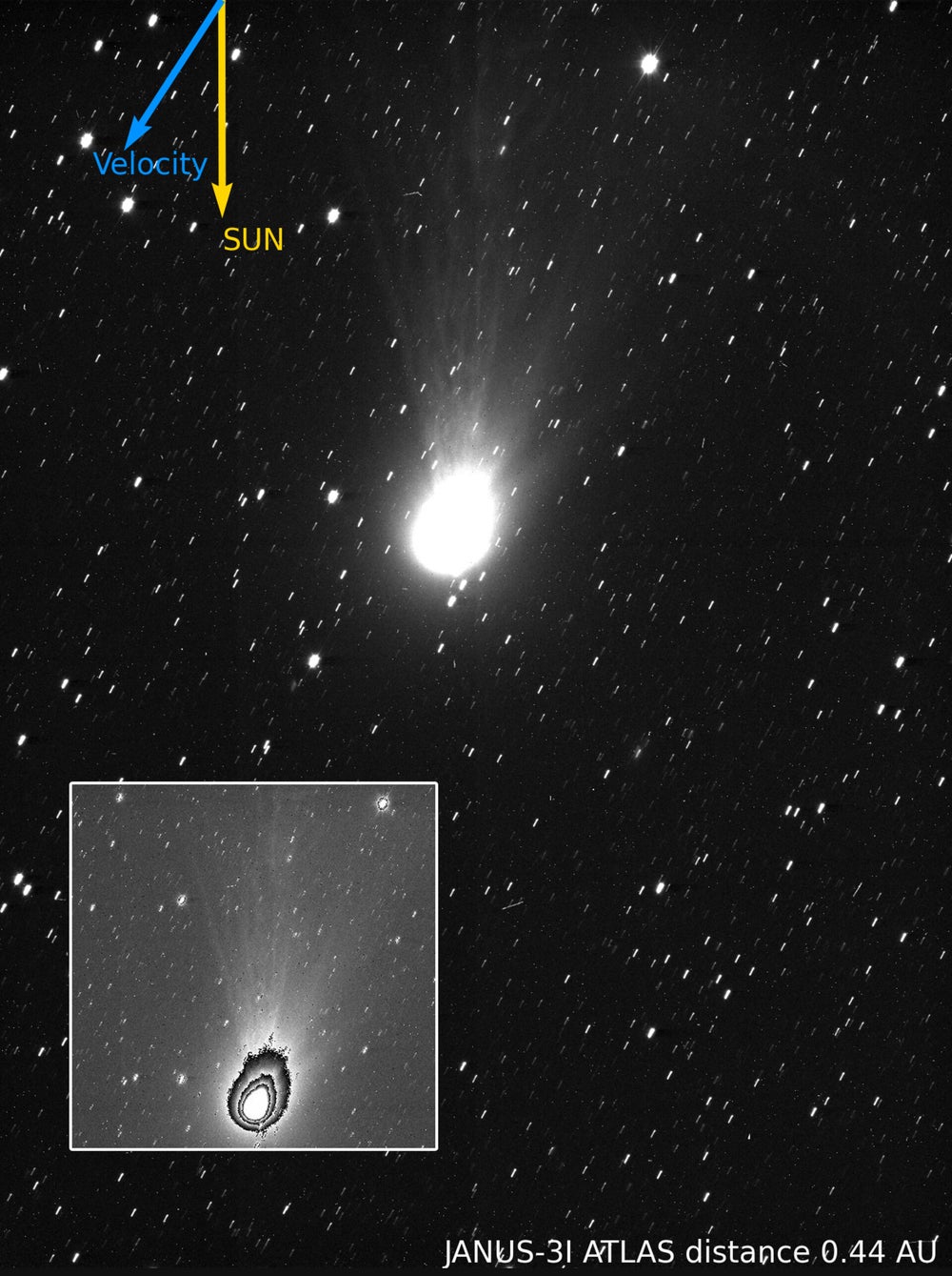 Una fotografía de un cometa y su cola en el espacio. El primer plano revela capas en su halo.