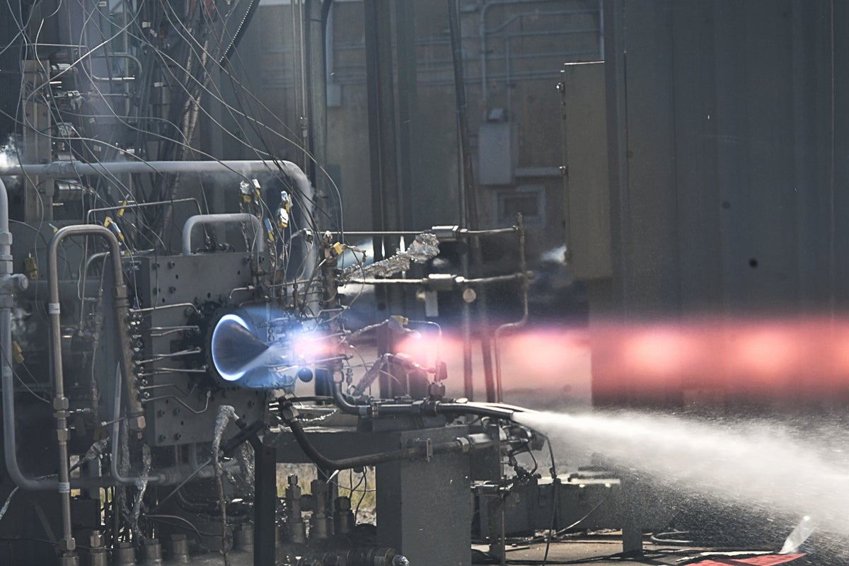 Video still from NASA's 3D-printed Rotating Detonation Rocket Engine Test, captured at Marshall Space Flight Center in Huntsville, Alabama, shows ignition of a full-scale Rotating Detonation Rocket Engine combustor