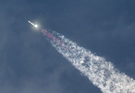 SpaceX Starship spacecraft lifts off.