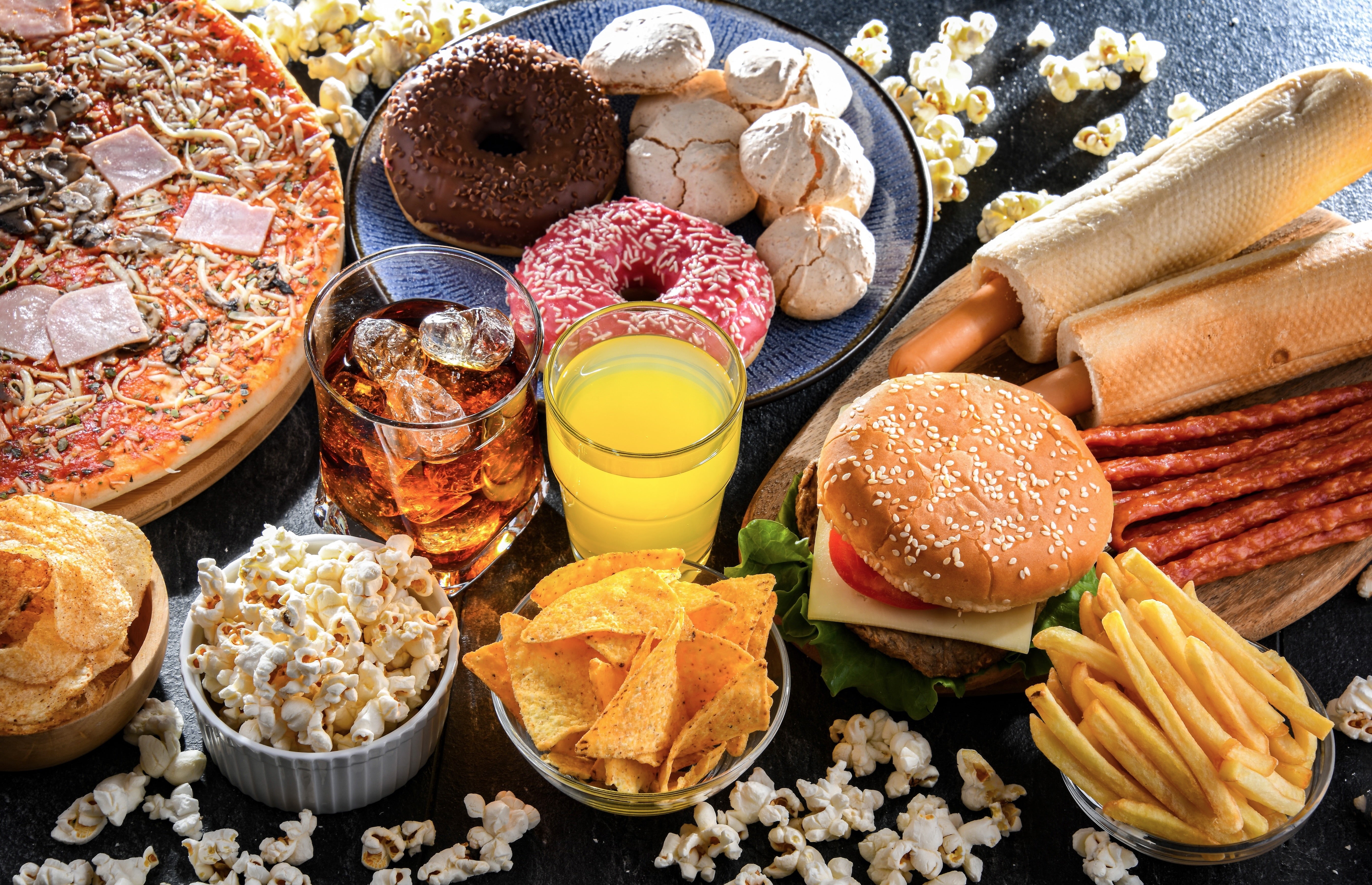 Junk food on a table.