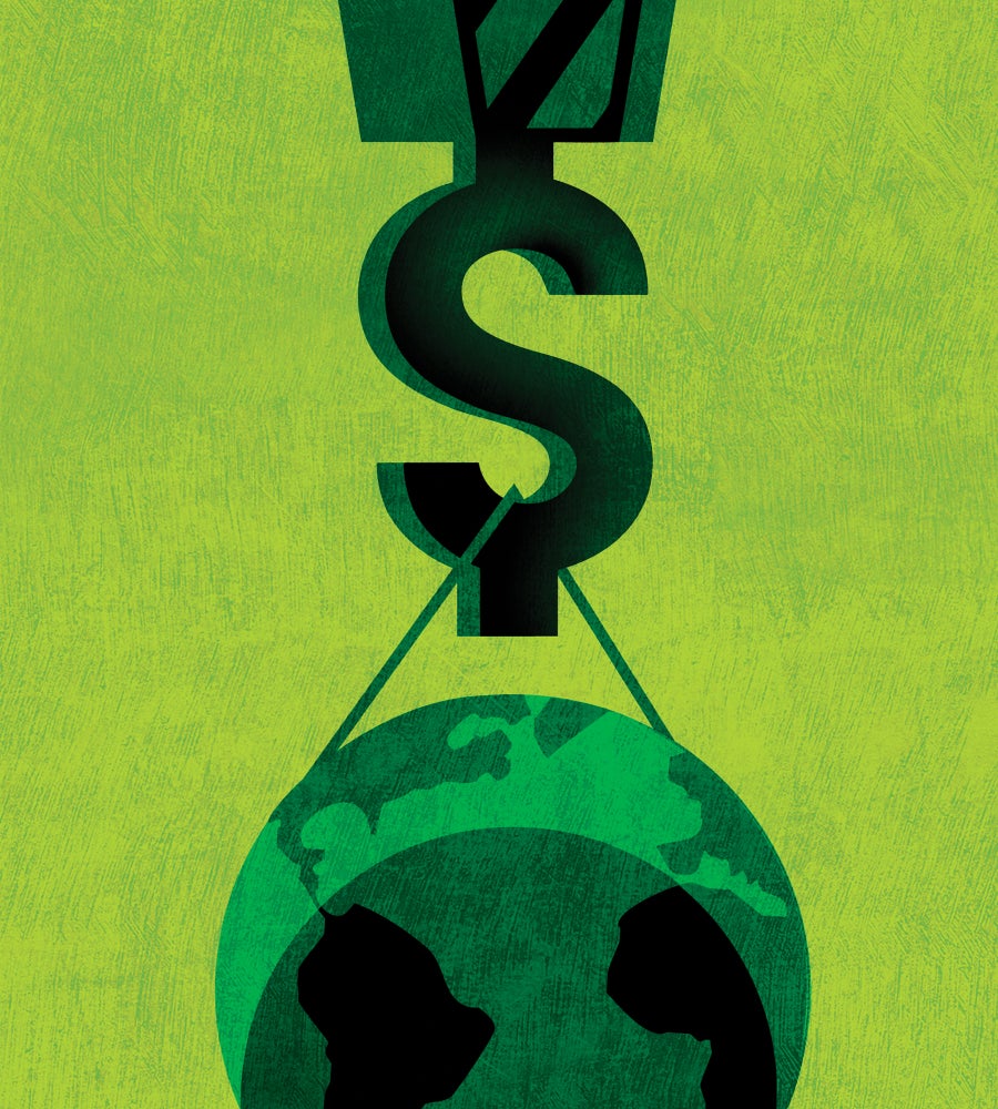 Illustration of a globe being held up by a dollar sign against a green wall