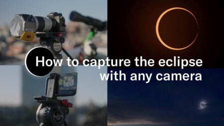A tiling of four images: one of a DSLR camera, one of a smartphone camera covered by a solar filter, one of an annular solar eclipse, and one of a landscape under an eclipse. The images lie under the title "How to capture the eclipse with any camera"